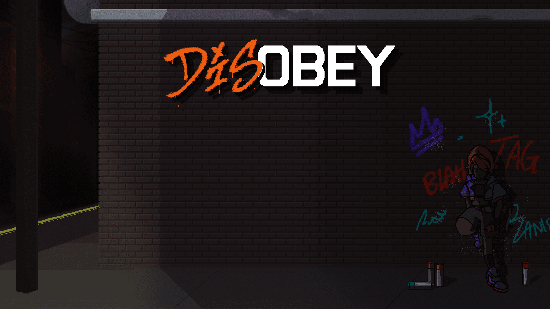 Original Disobey title artwork with a rebel and spray cans against a graffiti-covered brick wall