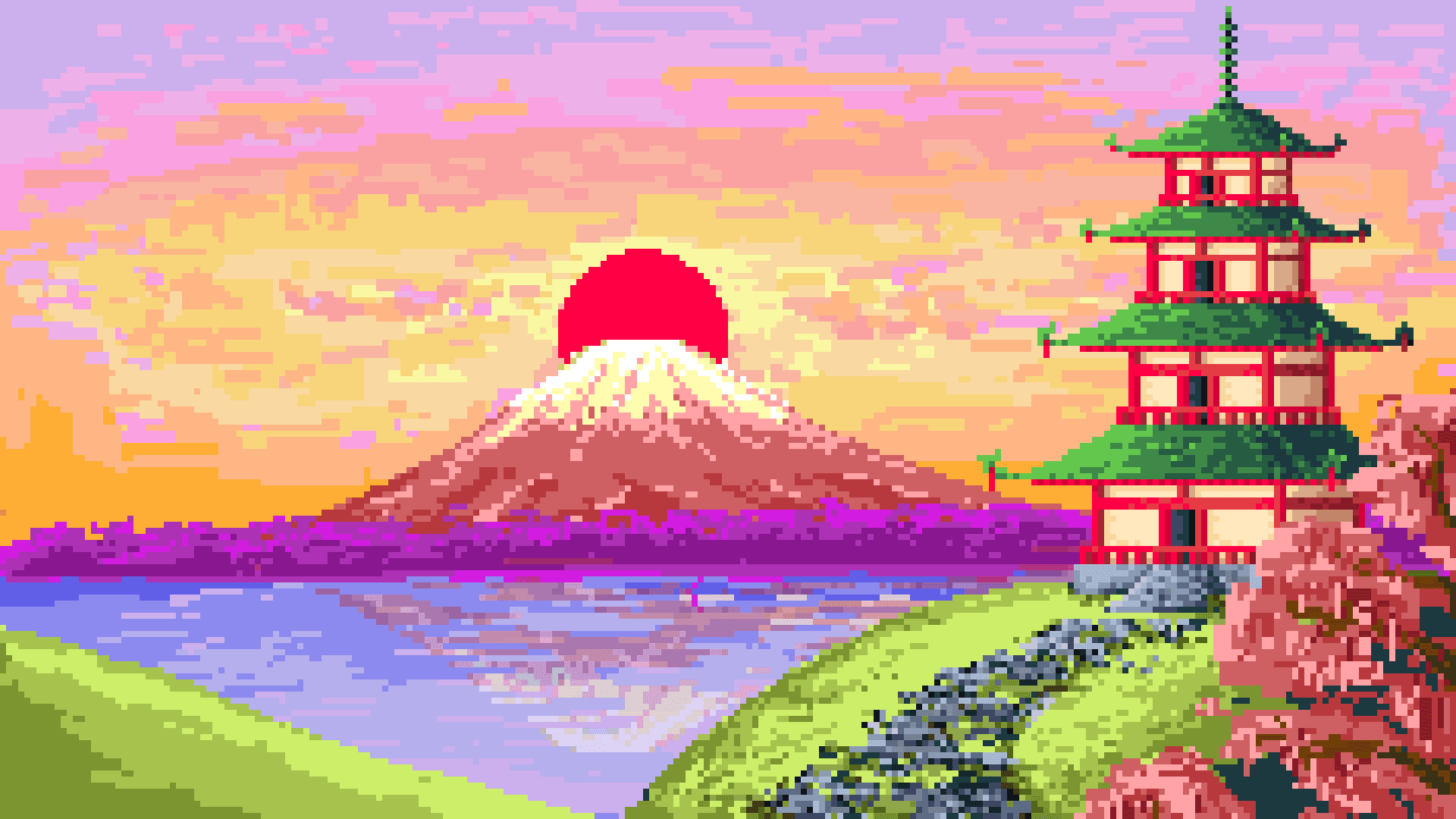 Original pixel-art menu background with a mountain, lake and pagoda at sunset