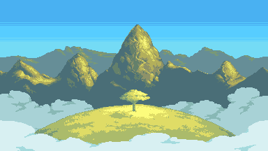 Original Zoodiac pixel-art menu background with a grassy floating island and distant mountains
